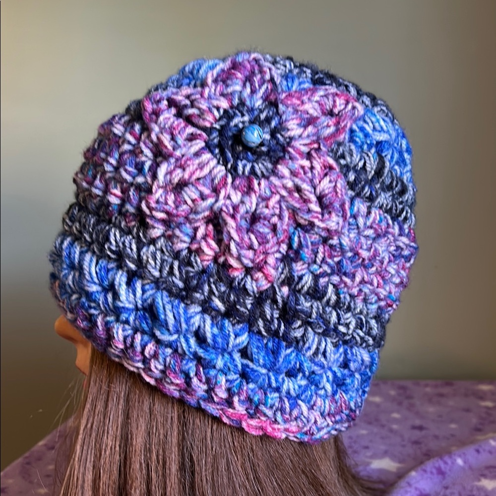 Vibrant Blue and Purple Crochet Beanie medium acrylic yarn only one